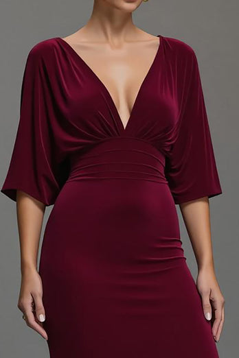 Samt Bordeaux V Ausschnitt Etuikleid Lang Abendkleid mit Ärmeln