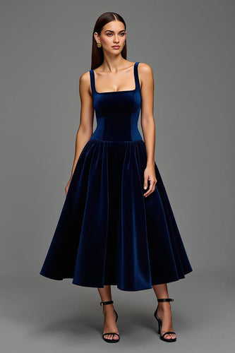 Marine Samt A Linie Quadratischer Ausschnitt Lang Abendkleid