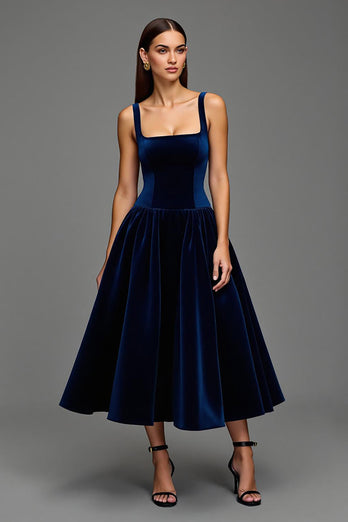 Marine Samt A Linie Quadratischer Ausschnitt Lang Abendkleid