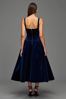 Marine Samt A Linie Quadratischer Ausschnitt Lang Abendkleid