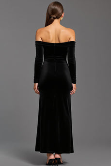 Schwarz Etuikleid Samt Schulterfrei Lang Abendkleid