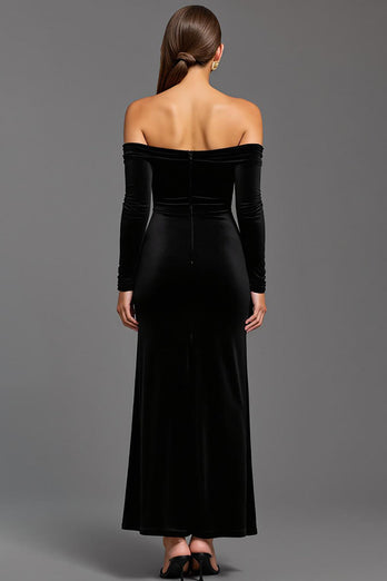Schwarz Etuikleid Samt Schulterfrei Lang Abendkleid