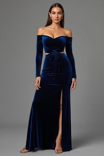 Marine Samt Schulterfrei Lang Abendkleid mit Schlitz