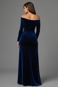 Marine Samt Schulterfrei Lang Abendkleid mit Schlitz