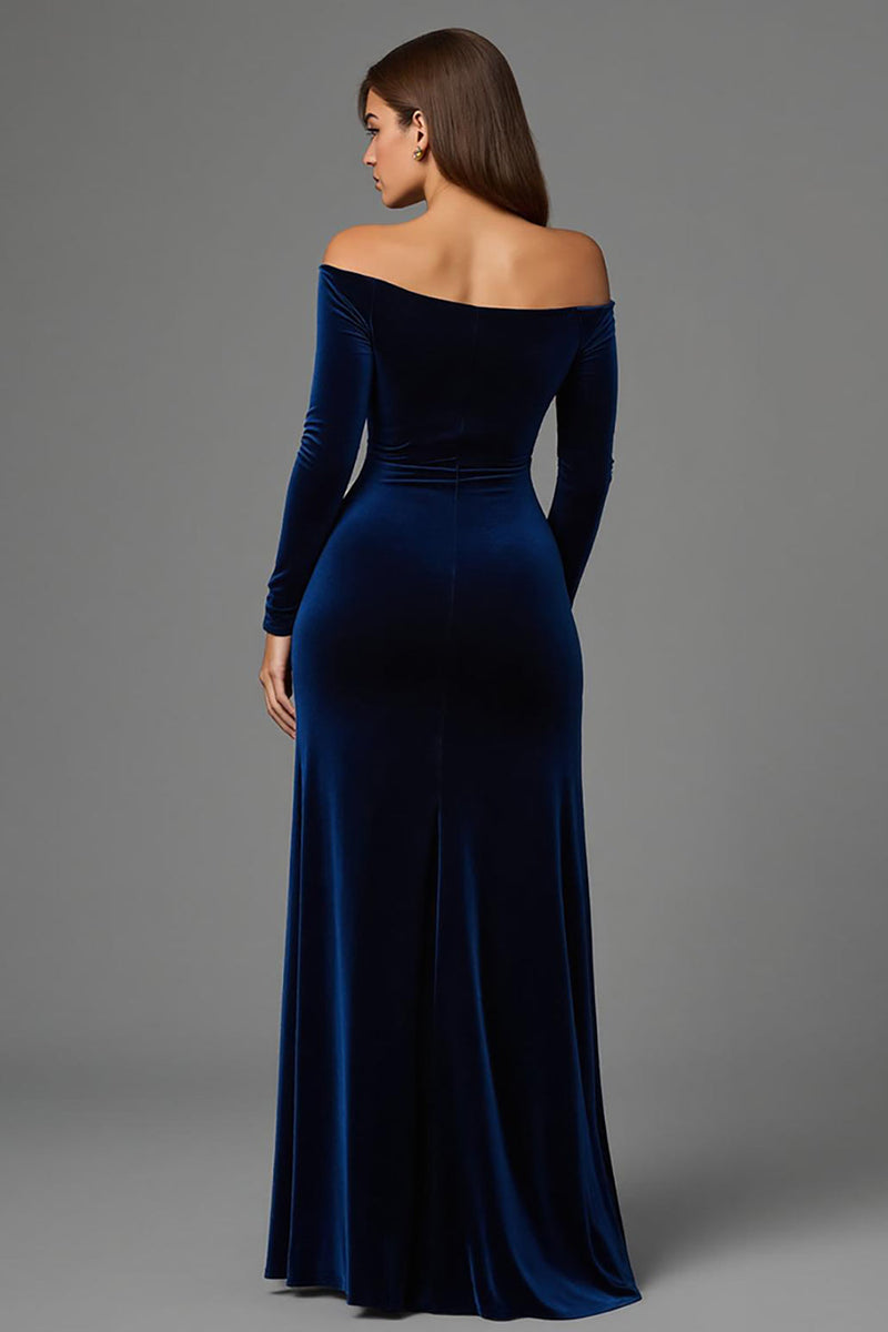 Laden Sie das Bild in den Galerie-Viewer, Marine Samt Schulterfrei Lang Abendkleid mit Schlitz