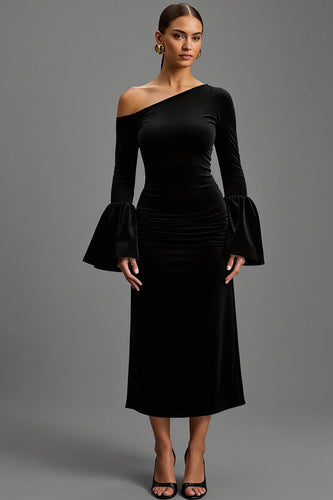 Schwarz Samt Etuikleid Ein Schulter Lang Abendkleid