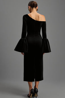 Schwarz Samt Etuikleid Ein Schulter Lang Abendkleid
