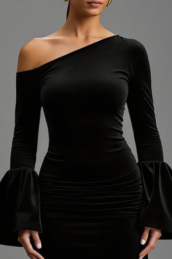 Schwarz Samt Etuikleid Ein Schulter Lang Abendkleid