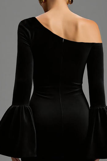 Schwarz Samt Etuikleid Ein Schulter Lang Abendkleid