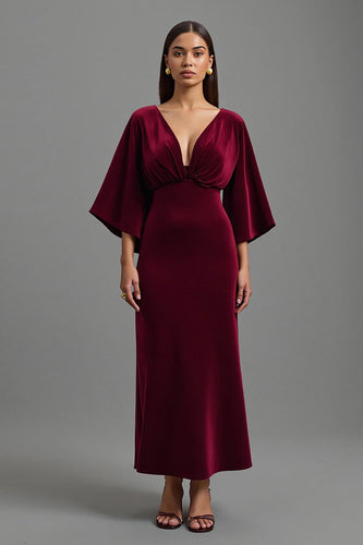 Bordeaux Etuikleid Samt V Ausschnitt Lang Abendkleid mit Ärmeln