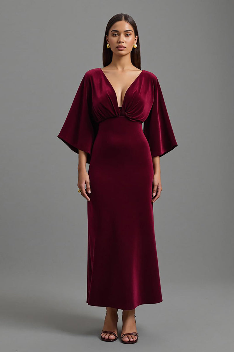 Laden Sie das Bild in den Galerie-Viewer, Bordeaux Etuikleid Samt V Ausschnitt Lang Abendkleid mit Ärmeln