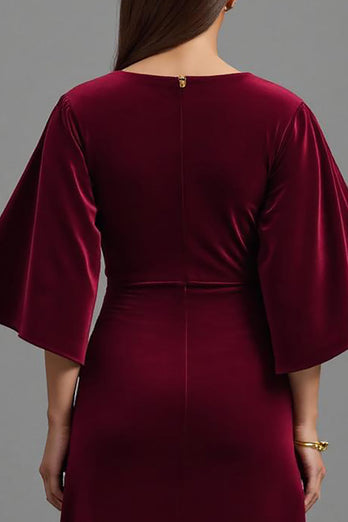 Bordeaux Etuikleid Samt V Ausschnitt Lang Abendkleid mit Ärmeln