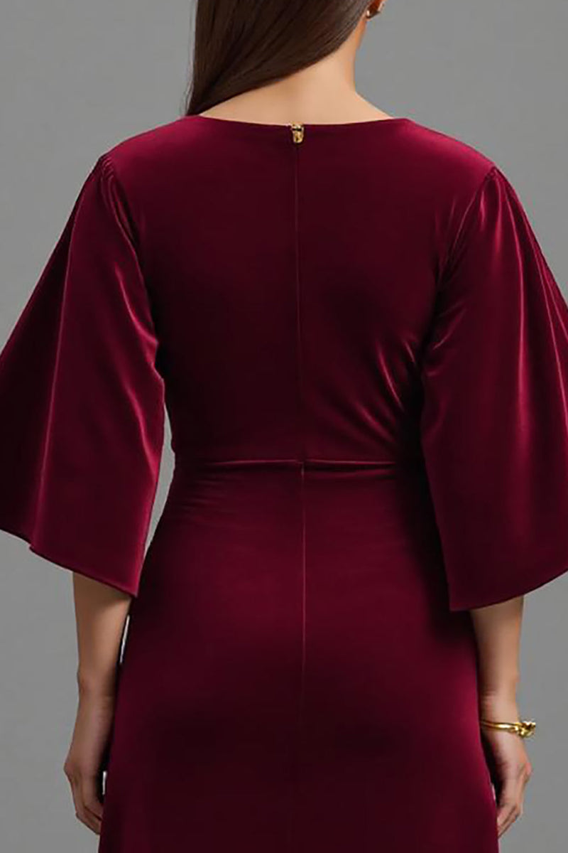 Laden Sie das Bild in den Galerie-Viewer, Bordeaux Etuikleid Samt V Ausschnitt Lang Abendkleid mit Ärmeln