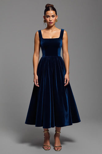 Marine A Linie Samt Quadratischer Ausschnitt Lang Abendkleid