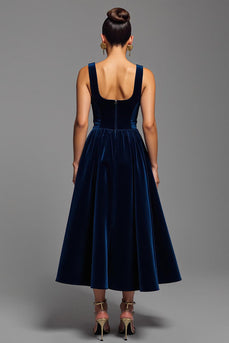 Marine A Linie Samt Quadratischer Ausschnitt Lang Abendkleid