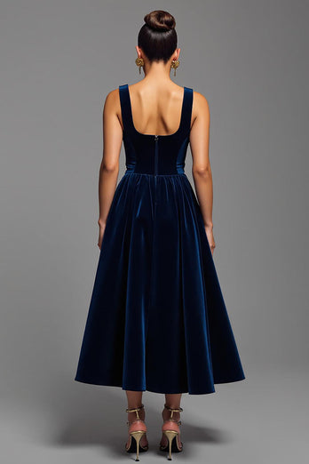 Marine A Linie Samt Quadratischer Ausschnitt Lang Abendkleid