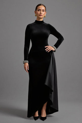 Schwarz Samt Hoher Kragen Lang Abendkleid mit Ärmeln