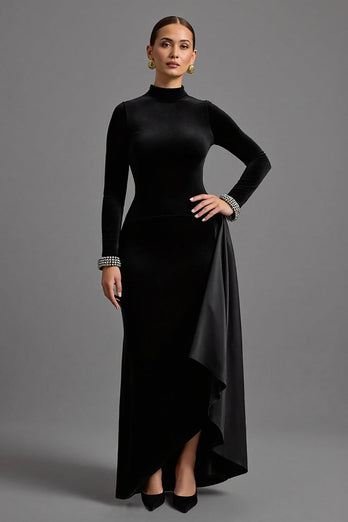 Schwarz Samt Hoher Kragen Lang Abendkleid mit Ärmeln