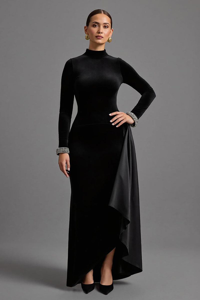 Laden Sie das Bild in den Galerie-Viewer, Schwarz Samt Hoher Kragen Lang Abendkleid mit Ärmeln