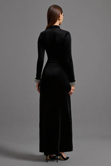 Schwarz Samt Hoher Kragen Lang Abendkleid mit Ärmeln