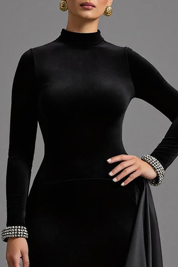 Schwarz Samt Hoher Kragen Lang Abendkleid mit Ärmeln