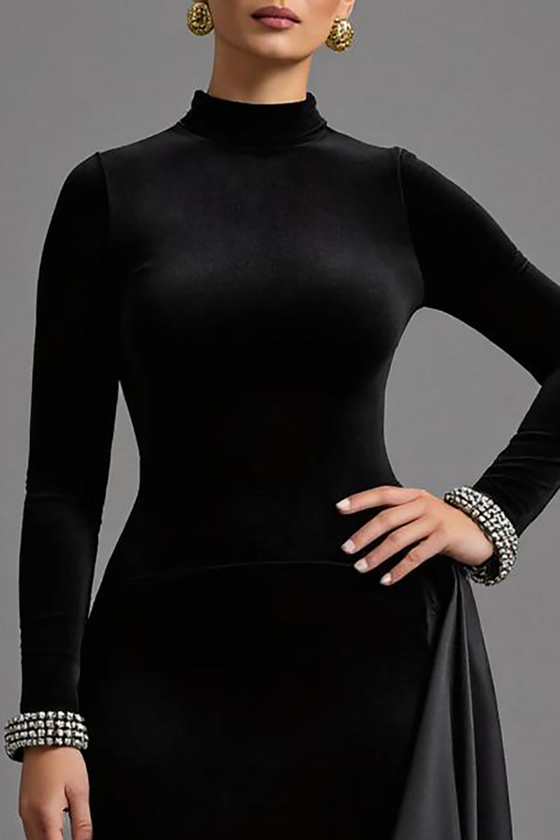 Laden Sie das Bild in den Galerie-Viewer, Schwarz Samt Hoher Kragen Lang Abendkleid mit Ärmeln