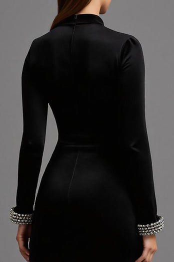 Schwarz Samt Hoher Kragen Lang Abendkleid mit Ärmeln