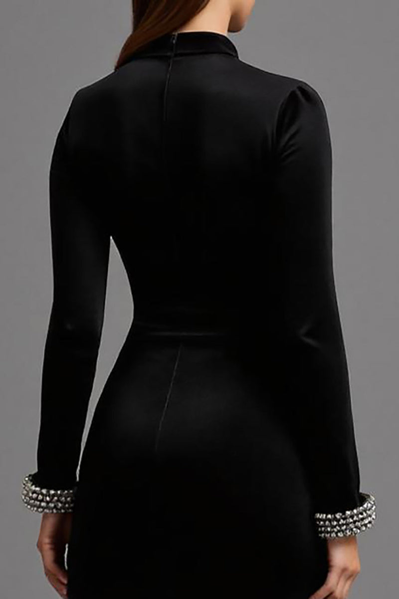 Laden Sie das Bild in den Galerie-Viewer, Schwarz Samt Hoher Kragen Lang Abendkleid mit Ärmeln