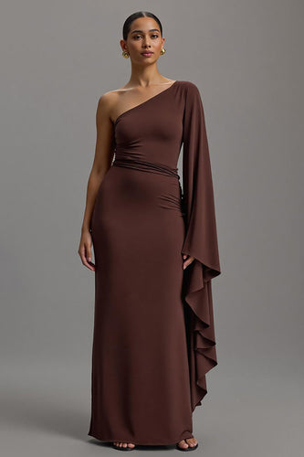 Kaffee Etuikleid Asymmetrisch Ein Schulter Lang Abendkleid mit Ärmeln