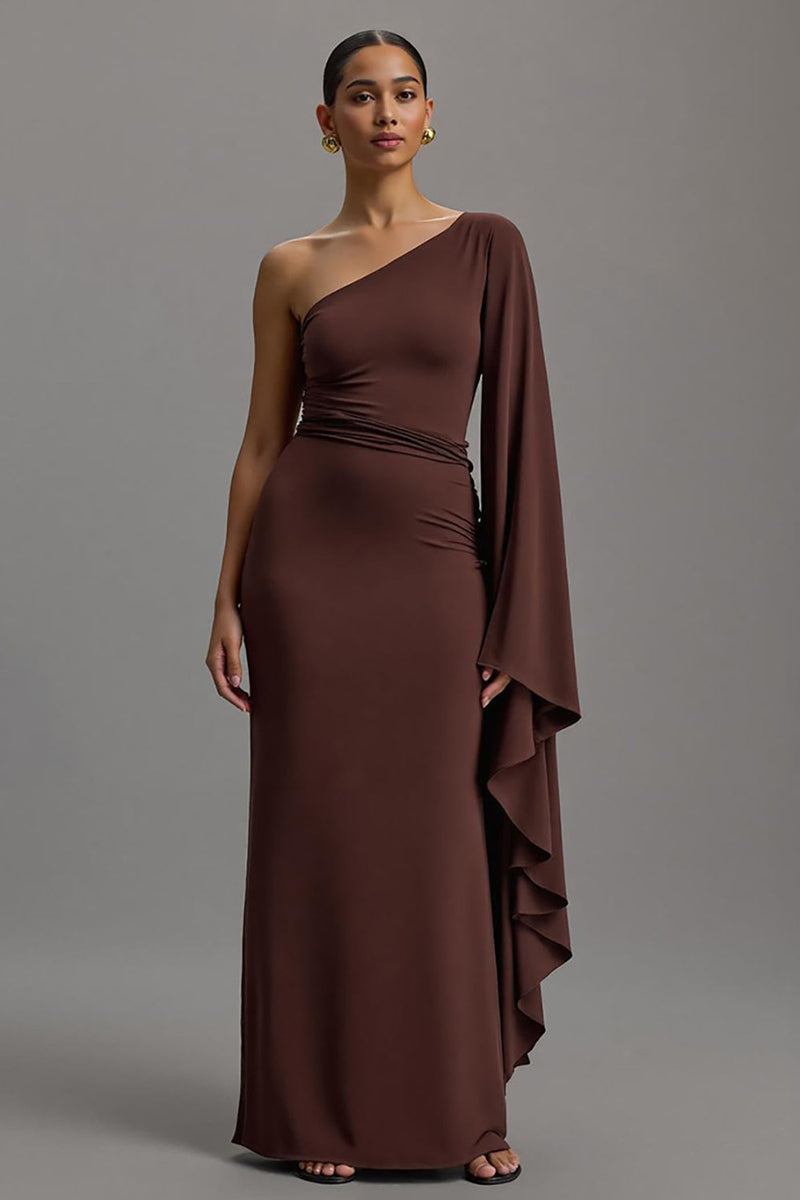Laden Sie das Bild in den Galerie-Viewer, Kaffee Etuikleid Asymmetrisch Ein Schulter Lang Abendkleid mit Ärmeln