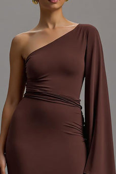 Kaffee Etuikleid Asymmetrisch Ein Schulter Lang Abendkleid mit Ärmeln