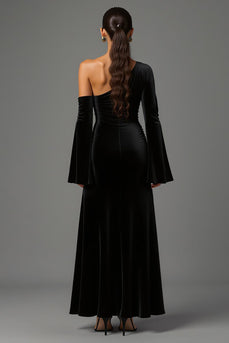 Schwarz Samt Ein Schulter Langarm Abendkleid
