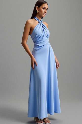 Blau Neckholder Satin Rückenfrei Lange Formelle Kleid