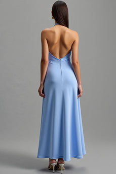 Blau Neckholder Satin Rückenfrei Lange Formelle Kleid