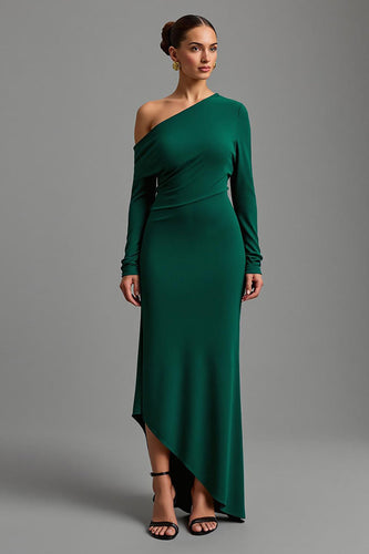 Dunkelgrün Ein-Schulter Satin Asymmetrisches Lange Formelle Kleid