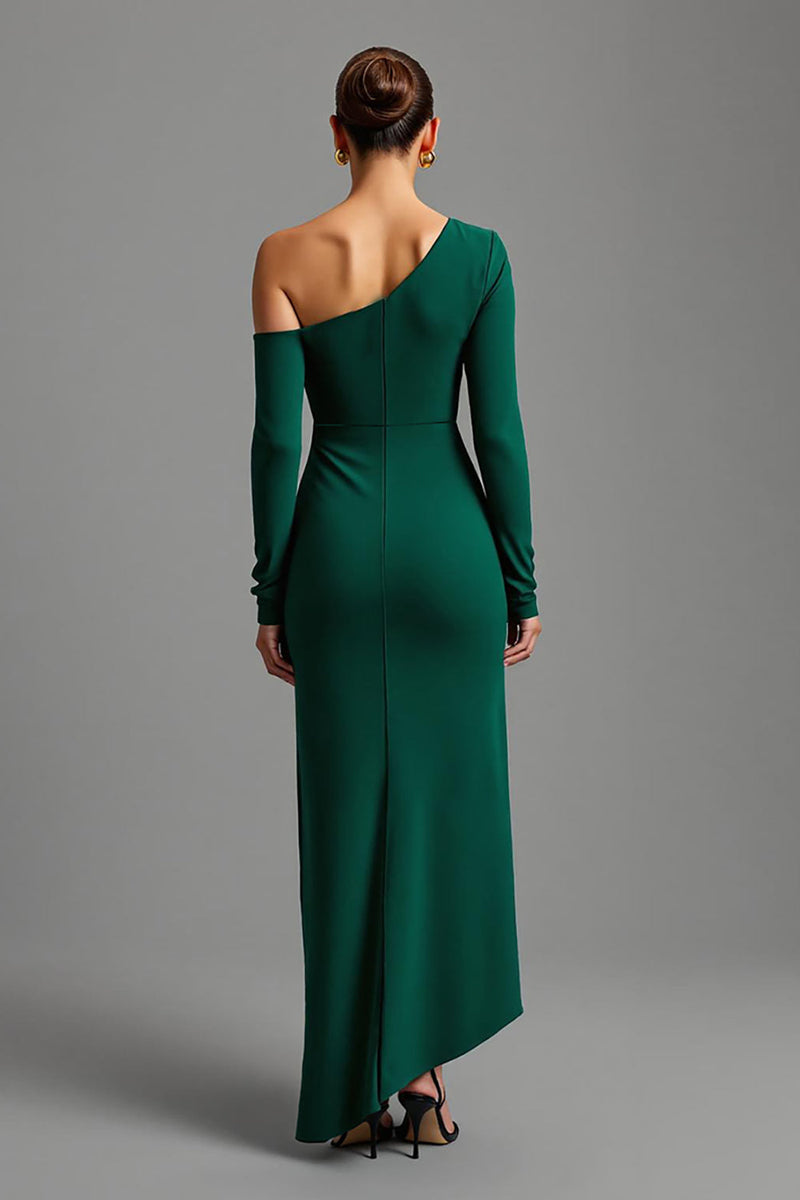 Laden Sie das Bild in den Galerie-Viewer, Dunkelgrün Ein-Schulter Satin Asymmetrisches Lange Formelle Kleid
