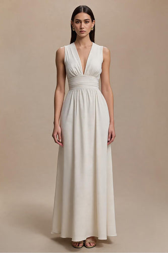 Einfach Elfenbein V-Ausschnitt A-Linie Lange Formelle Kleid