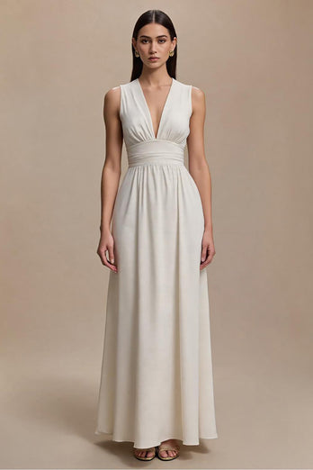 Einfach Elfenbein V-Ausschnitt A-Linie Lange Formelle Kleid