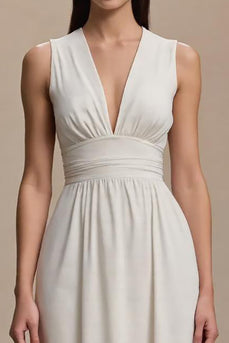 Einfach Elfenbein V-Ausschnitt A-Linie Lange Formelle Kleid