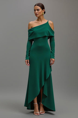 Dunkelgrün Ein-Schulter High-Low Formelle Kleid mit Ärmeln