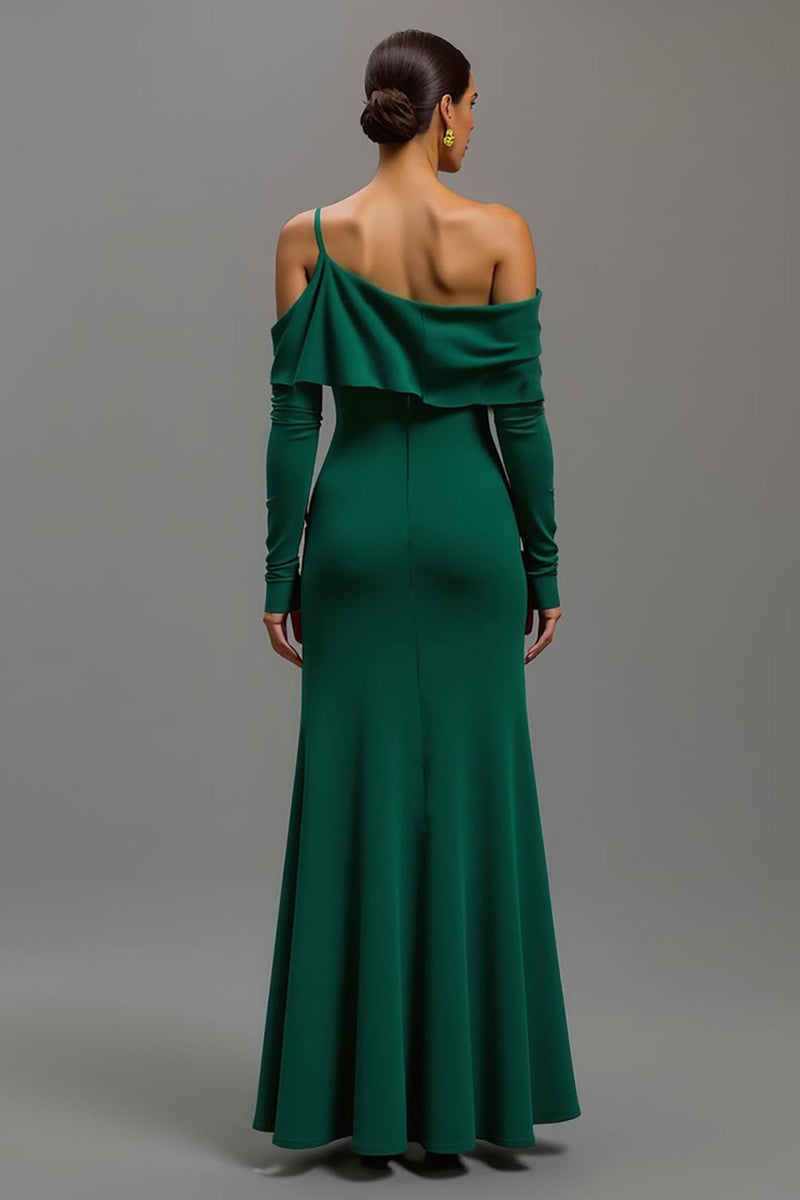 Laden Sie das Bild in den Galerie-Viewer, Dunkelgrün Ein-Schulter High-Low Formelle Kleid mit Ärmeln