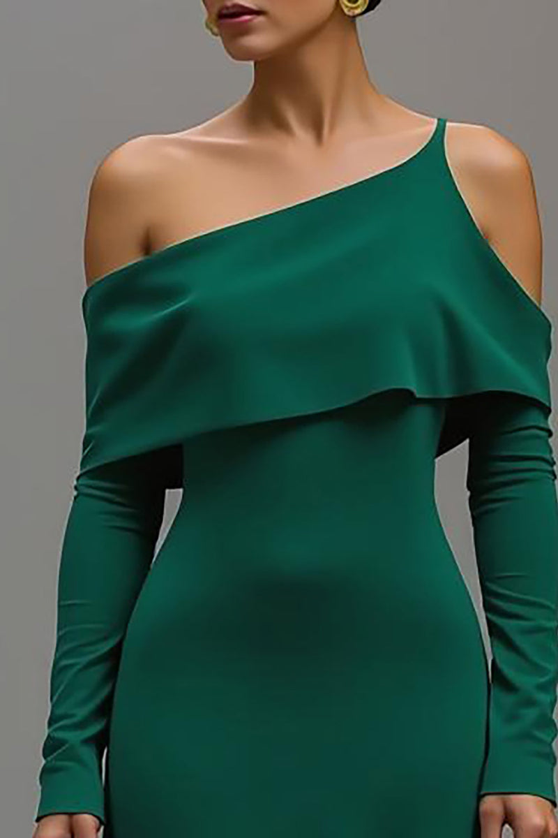 Laden Sie das Bild in den Galerie-Viewer, Dunkelgrün Ein-Schulter High-Low Formelle Kleid mit Ärmeln