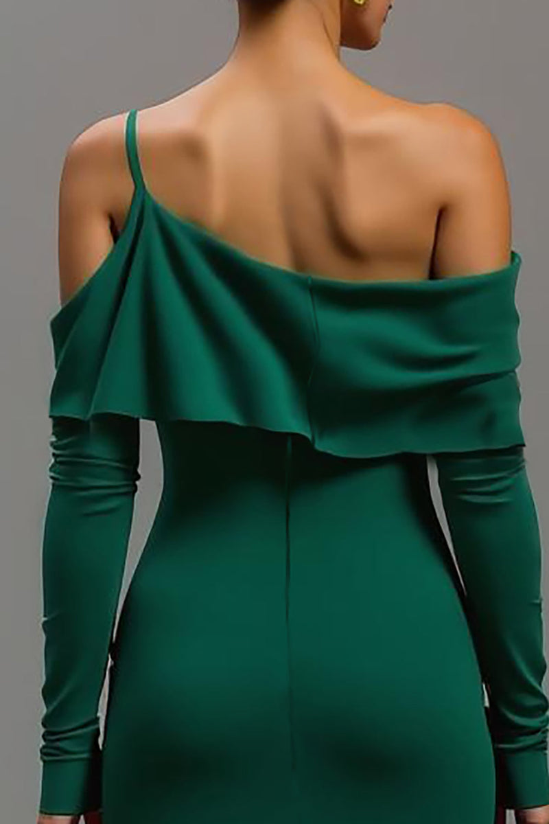Laden Sie das Bild in den Galerie-Viewer, Dunkelgrün Ein-Schulter High-Low Formelle Kleid mit Ärmeln