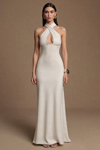 Elfenbein Neckholder Schlüsselloch Lange Satin Formelle Kleid