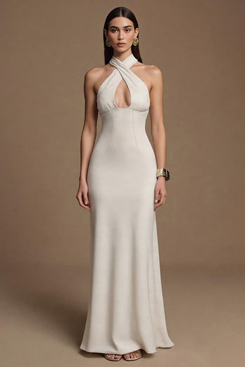 Elfenbein Neckholder Schlüsselloch Lange Satin Formelle Kleid
