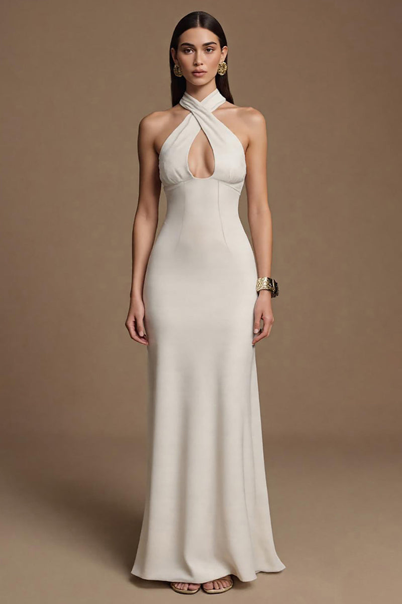 Laden Sie das Bild in den Galerie-Viewer, Elfenbein Neckholder Schlüsselloch Lange Satin Formelle Kleid