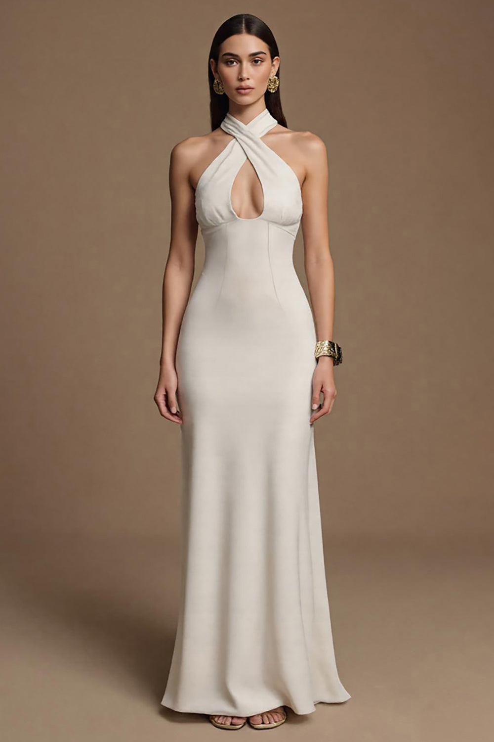 Elfenbein Neckholder Schlüsselloch Lange Satin Formelle Kleid