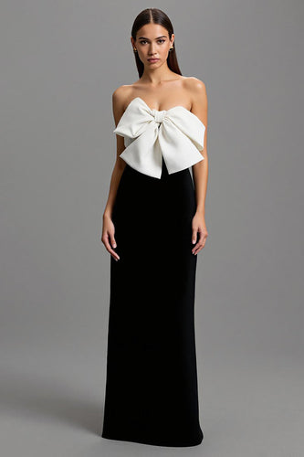 Schwarz und Weiß Satin Trägerlos Lang Abendkleid mit Schleifen