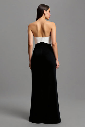 Schwarz und Weiß Satin Trägerlos Lang Abendkleid mit Schleifen