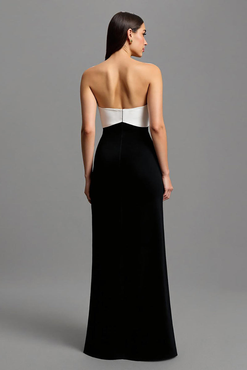 Laden Sie das Bild in den Galerie-Viewer, Schwarz und Weiß Satin Trägerlos Lang Abendkleid mit Schleifen